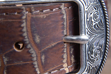 Vintage Brown Croc Print Leather Belt Single Stitch Engraved Silver Buckle